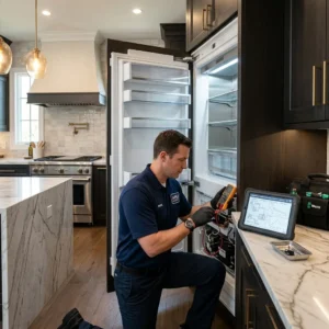 Technician repairing a high-end built-in refrigerator near Bensonhurst's 86th Street commercial corridor