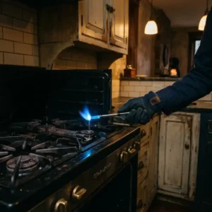 Technician testing a gas range igniter flame for oven and stove repair in Park Slope