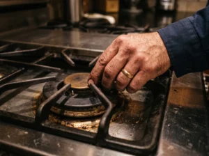 Technician holding gas range igniter flame