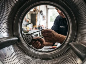 Technician replacing washer drive belt