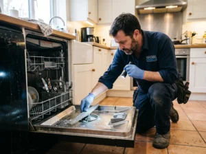 Technician inspecting dishwasher spray arm