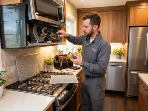 Technician inspecting rangehood and microwave