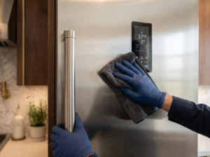 Technician polishing luxury stainless steel refrigerator panel