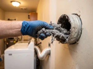Technician pulling lint from dryer vent