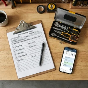 Appliance repair service clipboard, toolbox, and booking phone on a desk
