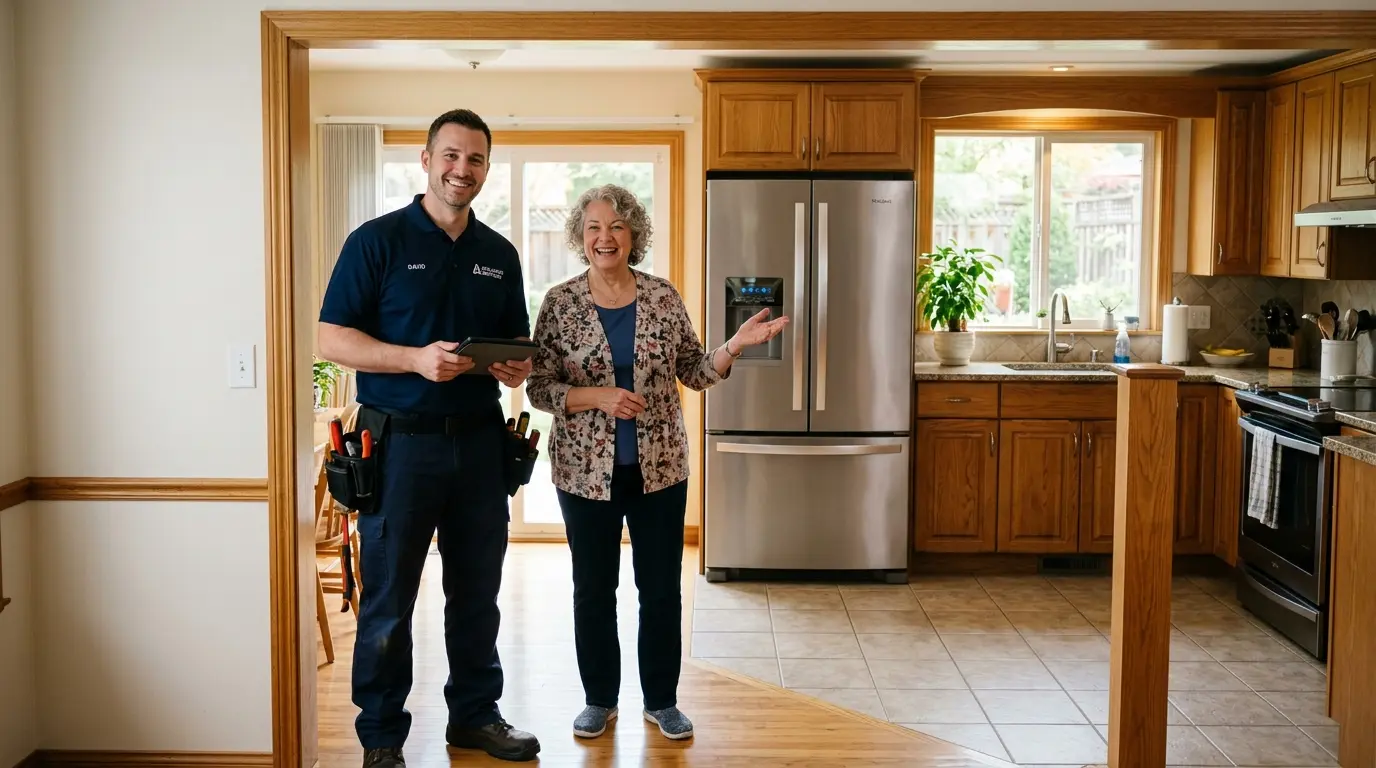 Technician and homeowner smiling together in a Brooklyn kitchen doorway