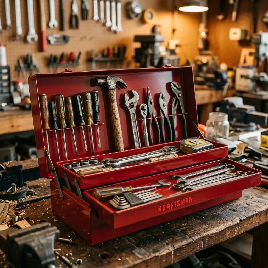 Weathered toolbox with hand tools neatly arranged