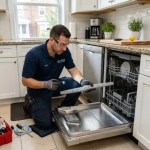 Technician inspecting a dishwasher spray arm in a Bay Ridge kitchen