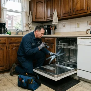 Technician inspecting a dishwasher spray arm in a Bensonhurst kitchen