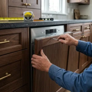 Technician inspecting a panel-ready dishwasher in a Brooklyn Heights kitchen