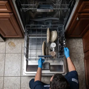 Technician inspecting a dishwasher spray arm in an East Flatbush kitchen