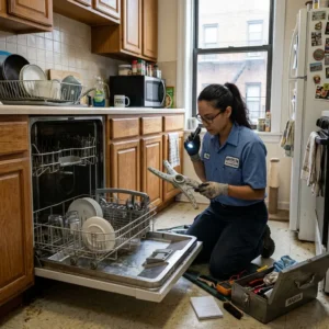 Technician inspecting a dishwasher spray arm in a Flatbush kitchen