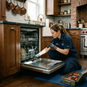 Technician inspecting a dishwasher spray arm in a Park Slope kitchen