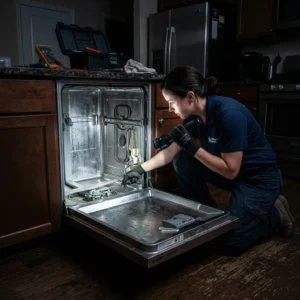 Technician inspecting a dishwasher spray arm in a Sheepshead Bay kitchen