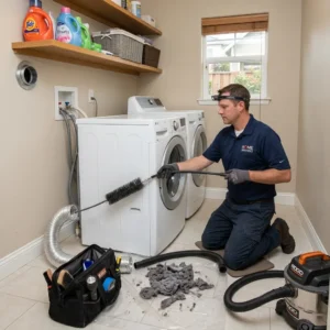 Technician cleaning a dryer vent in a Bay Ridge home