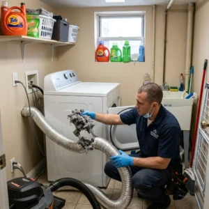 Technician cleaning a dryer vent in a Bensonhurst home