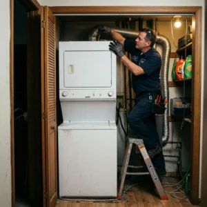 Technician cleaning a dryer vent in a Brooklyn Heights townhouse