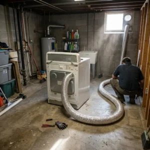 Technician cleaning a dryer vent in an East Flatbush basement laundry room