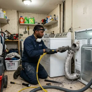 Technician cleaning a dryer vent in a Flatbush home