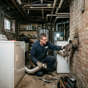 Technician cleaning a dryer vent in a Park Slope brownstone laundry room