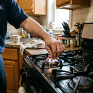 Technician repairing a gas stove igniter in a Bay Ridge kitchen