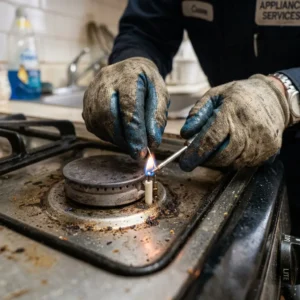 Technician repairing a gas range burner in a Bensonhurst kitchen