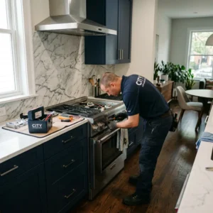 Technician repairing a gas stove igniter in a Brooklyn Heights kitchen