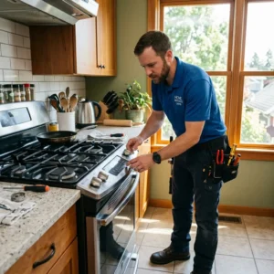 Technician repairing a gas stove igniter in an East Flatbush kitchen