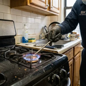 Technician repairing a gas stove igniter in a Flatbush kitchen