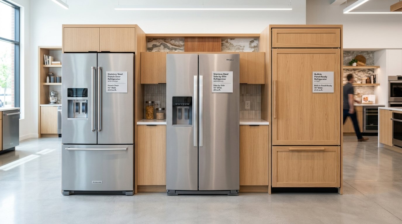 Three refrigerator types arranged in a showroom setting for repair inspection