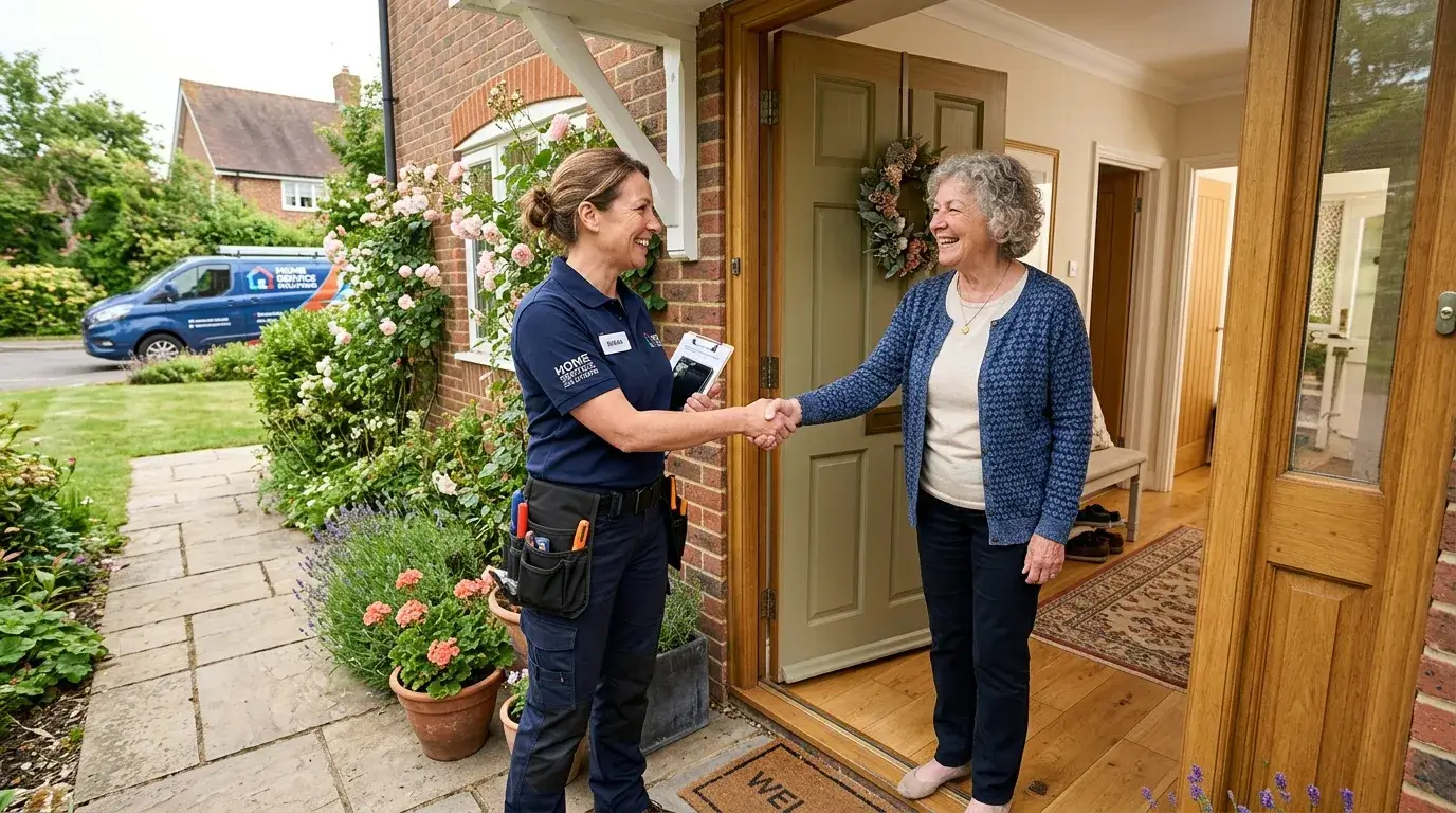 Technician shaking a homeowner hand in a doorway after a repair visit