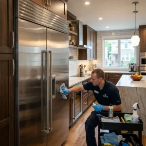 Technician servicing a luxury appliance brand in a Bay Ridge kitchen