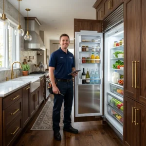 Technician servicing a luxury appliance brand in an upscale Brooklyn Heights kitchen