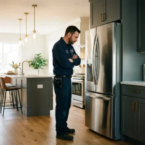 Technician servicing a luxury appliance brand in an East Flatbush kitchen
