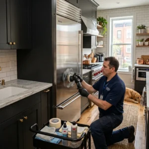 Technician servicing a luxury appliance brand in a Flatbush kitchen