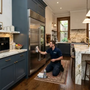 Technician servicing a luxury Sub-Zero and Wolf appliance in a Park Slope kitchen
