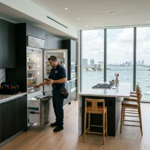 Technician servicing a luxury appliance brand in a Sheepshead Bay waterfront kitchen
