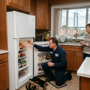 Technician repairing a refrigerator in a Bay Ridge home near the Verrazzano Bridge