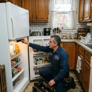 Technician repairing a refrigerator in a Bensonhurst home kitchen