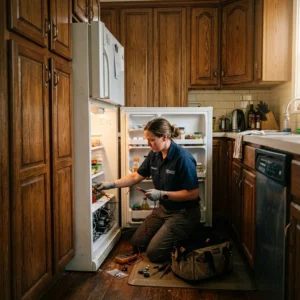 Technician repairing a refrigerator in a Brooklyn Heights townhouse kitchen