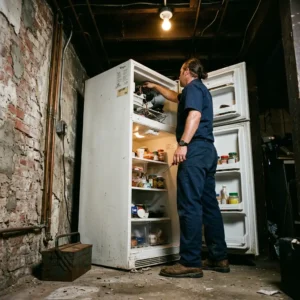 Technician repairing a refrigerator in an East Flatbush multi-family home kitchen