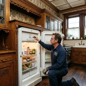 Technician repairing a refrigerator in a Flatbush Victorian home kitchen