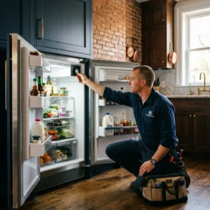 Technician repairing a built-in refrigerator in a Park Slope brownstone kitchen
