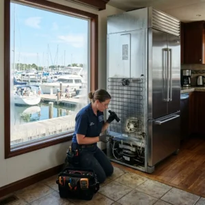 Technician repairing a refrigerator in a Sheepshead Bay waterfront home kitchen