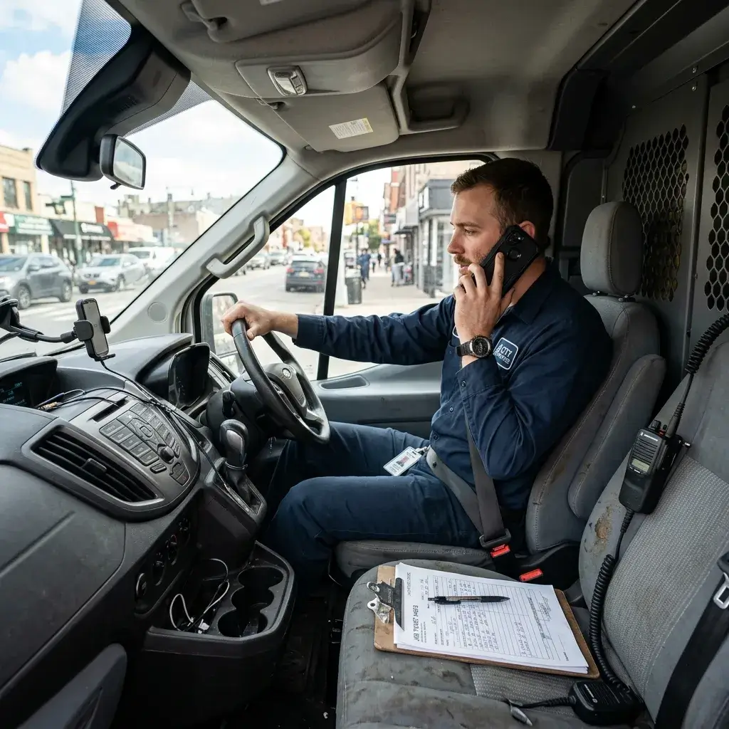GS Appliance Repair technician taking a dispatch call from the service van
