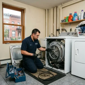 Technician servicing a washer in a Bay Ridge home laundry room