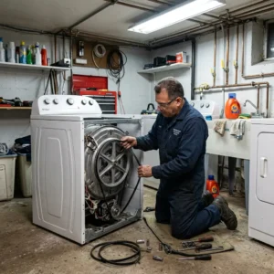 Technician servicing a washer in a Bensonhurst basement laundry room