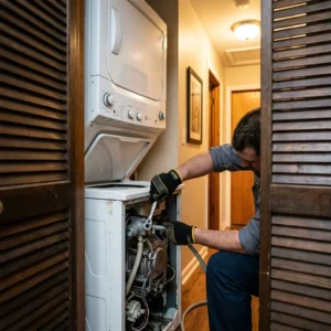 Technician servicing a stacked washer in a Brooklyn Heights closet laundry install