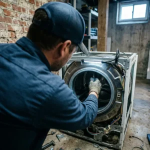 Technician servicing a washer near a basement standpipe in East Flatbush