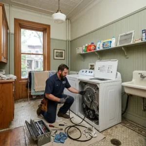 Technician servicing a washer in a Flatbush home laundry room